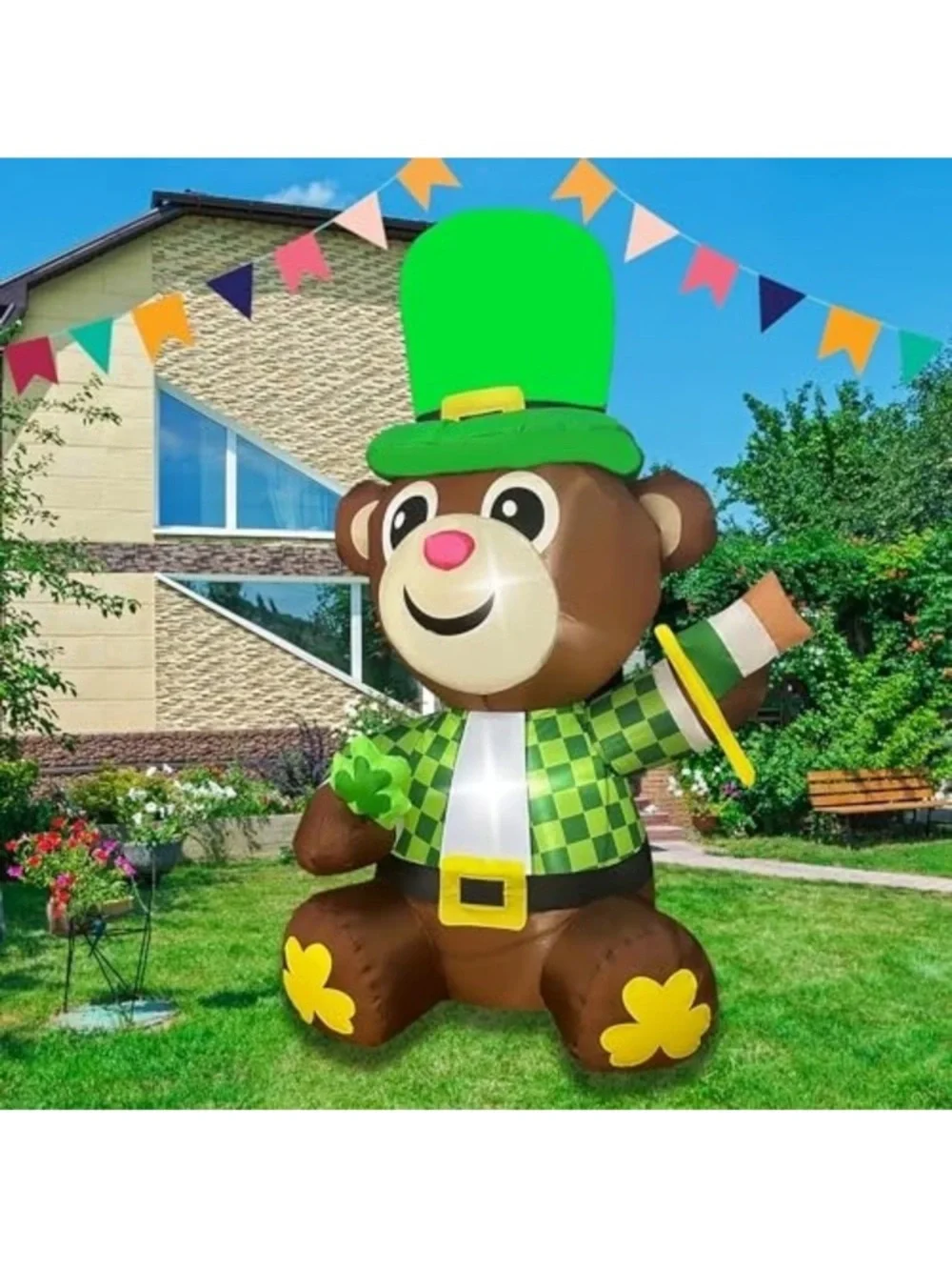 St Patricks Day Inflatable Bear Decoration LED Lighted Blow up for Home 4FT